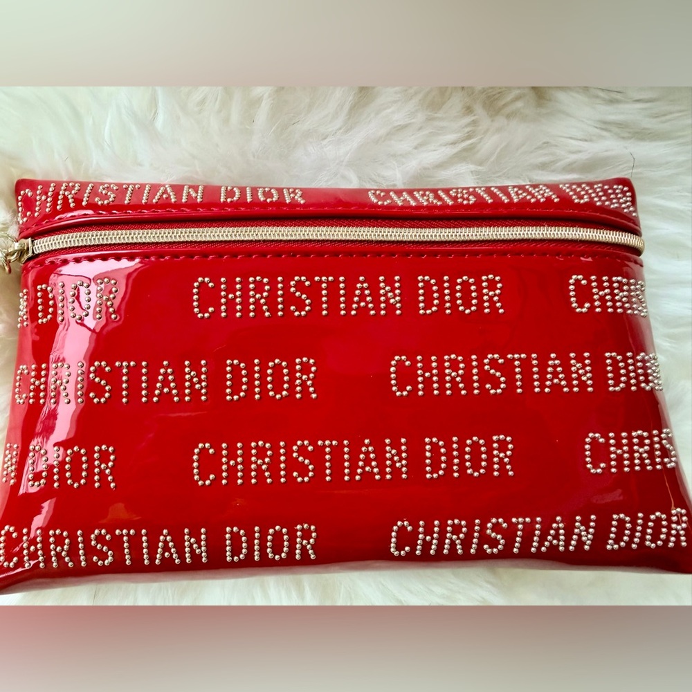 Dior Vintage Patent Gold Studded Red Pouch. Zipper pull sealed in tissue NIB GWP - Picture 4 of 9